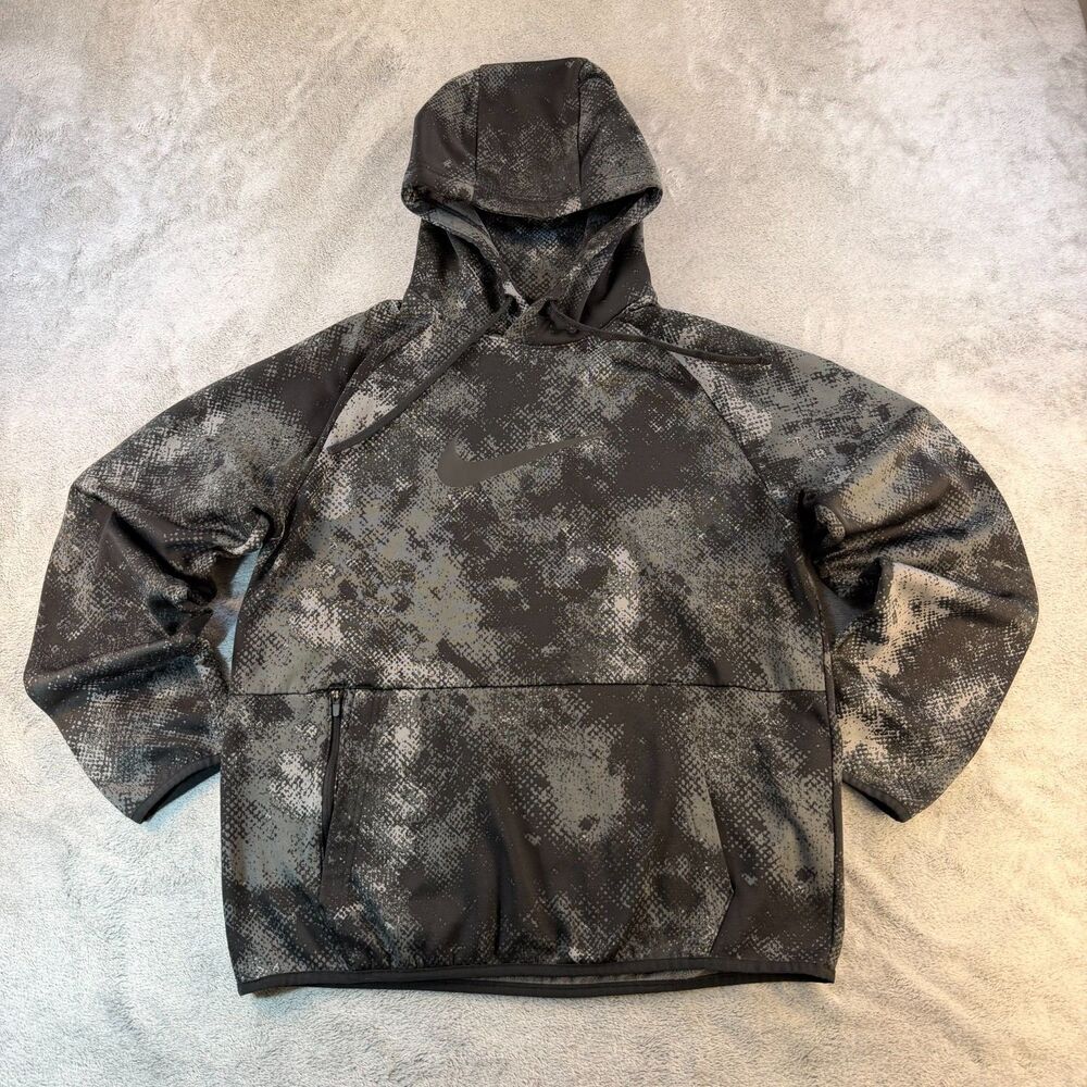 Nike Therma-FIT Hoodie Mens Small Black Gray Camo Training Pullover Swoosh